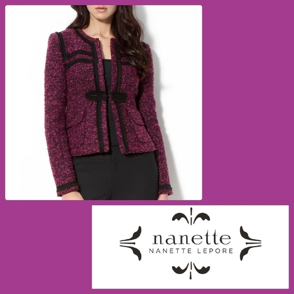 Sz 4 Nanette Lepore Magenta Black Bouclé Blazer - Picture 2 of 10
